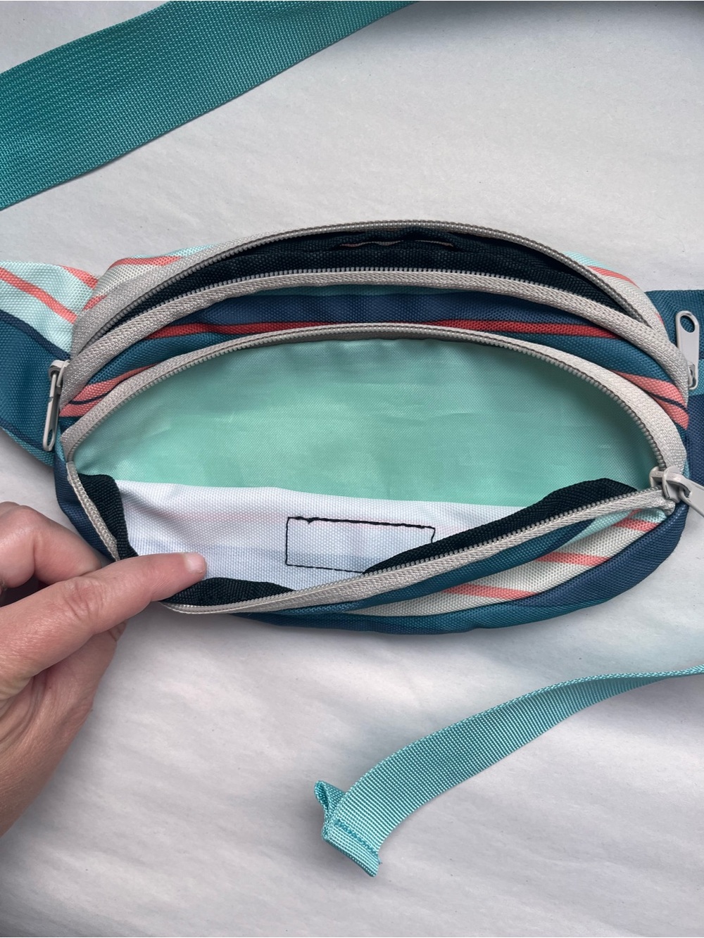 KAVU Striped Fanny Pack Belt Bag in Teal and Coral - Picture 5 of 9